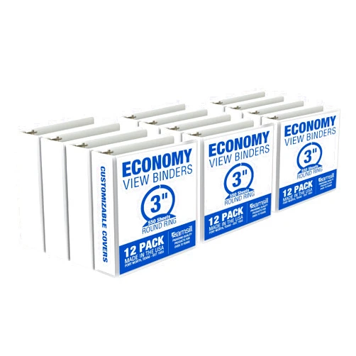 Samsill 3 Inch 3 Ring Binders, Made in USA, Economy Round Ring, Clear View Cover, 550 Sheet Capacity - for School, Home, Office - White, 12 Pack