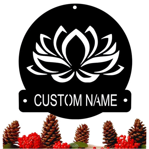 Msimplism.D Lotus Flower Custom Metal Name Signs Indoor Outdoor Hanging Decor Family Name Sign Custom Metal Personalized Last Name Signs Wall Decor Wedding/Housewarming Gift