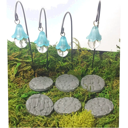 Puppy Love Miniature Fairy Garden Miniature Hanging Lanterns and Stepping Stones. 10 Piece Set. Dollhouse, Terrarium Decor.