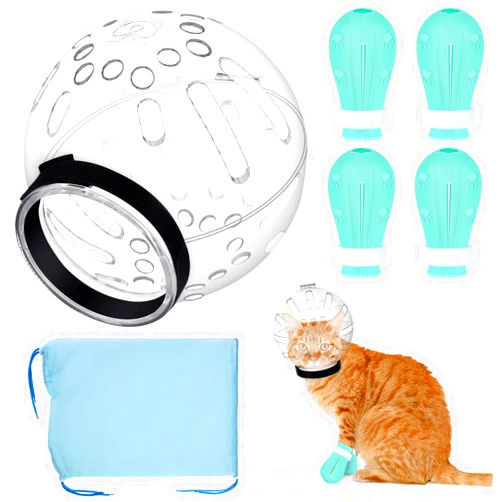 PETKNOWS Cat Muzzle for Grooming, PETKNOWS Cat Helmet for Grooming, Adjustable Hood Cat Bubble Helmet Transparent Breathable Cat Muzzle with Boots Paw Covers and Cat Bath Bag for Cat Dog Pet Bathing Shaving(M)