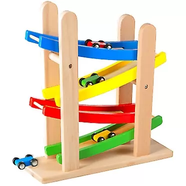 Play22 Wooden Car Ramps Race - 4 Level Toy Car Ramp Race Track Includes 4 Wooden Toy Cars - My First Baby Toys - Toddler Race Car Ramp Toy Set is A Great Gift for Boys and Girls - Original