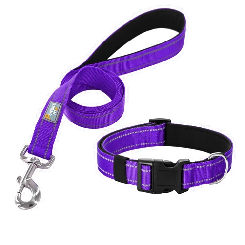 Penseepet Reflective Dog Collar and Dog Leash 6 FT Padded with Soft Neoprene Breathable Quick Release Basic Dog Collars and Padded Handle Dog Leashs for Large Dogs Purple