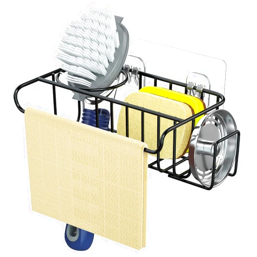 HapiRm 4 in 1 Adhesive Sponge Holder Sink Caddy, SUS304 Stainless Steel Sink Brush Holder + Dish Cloth Hanger + Soap Rack + Sink Stopper Holder, No Drill Kitchen Sink Caddy - Black