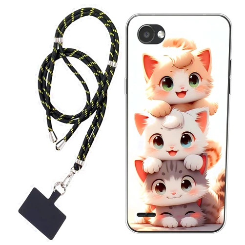 WUACYEAMING Case Compatible with LG Q6,Clear with Design Soft TPU Slim Embossed Pattern cute Big Eyes Cats+1* Adjustable Universal Cell Phone Cord Strap