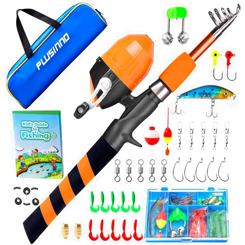 PLUSINNO Kids Fishing Pole, Portable Telescopic Fishing Rod and Reel Combo Kit - with Spincast Fishing Reel Tackle Box for Boys, Girls, Youth
