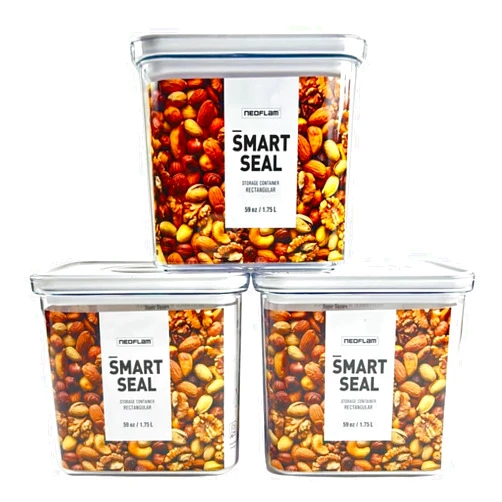 Neoflam Airtight Smart Seal Food Storage Container (Set of 3) | Crystal Clear Body | Modular, Stackable, Nestable Design | Easy to Clean, BPA Free (1.75L, Rectangular)