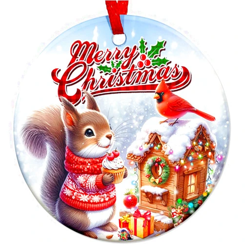 Sportyzen 2024 Christmas Ornament – Squirrel & Cardinal Merry Christmas Ceramic Ornament, Tree Holiday Decor, Animal Sympathy Keepsake, Christmas Blessings Gift for Squirrel Lovers