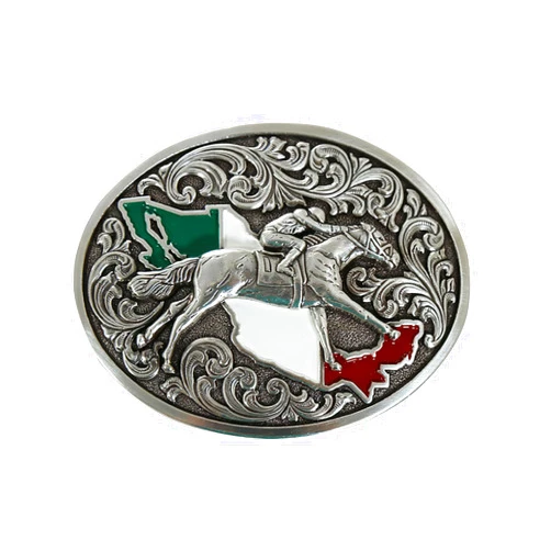 ARIAT Oval Buckle with Racehorse Motif, Floral Engraved Design, and Mexico Flag Colors, 3