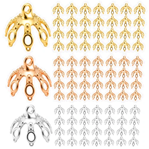 Gtziqa 90 PCS Flower Bead Caps, Metal Ornament Caps Flower Bead End Cap Findings Bails for Necklace 7 Prong Bell Cap for Jewelry Making Metal Spacer Flowers Beads for Bracelets DIY Crafts, Gold & Silver