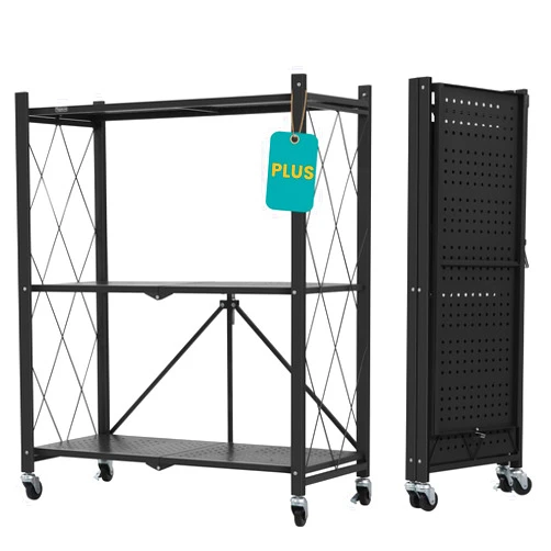 ALANNG Folding Storage Shelves with Wheels, Bookshelf with Storage, No Assembly Metal Rack Shelf for Kitchen, Office, Laundry, Garage (3 Tier, Black)