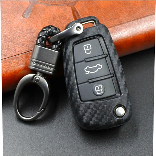 M.JVisun Soft Silicone Rubber Carbon Fiber Texture Case for Audi Flip Car Remote Key Fob Cover for Audi A1 A3 A4 A6 A8 Quattro Q2 Q3 Q7 R8 RS3 RS6 S3 S6 TT TTS Remote Key - Black - Weave Keychain