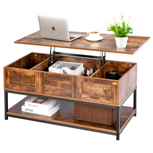 VIVOHOME Lift Top Coffee Table with Steel Frame, Dining Table with Open Storage and Hidden Compartment, Suitable for Living Room, Office, Small Apartment, Rustic Brown