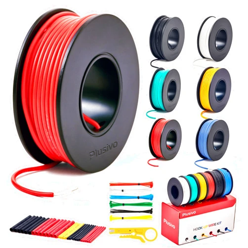 Plusivo 22 AWG Stranded Wire Kit – Silicone Coated Copper Wires 22 Gauge Pre-Tinned 23ft/7m Each Spool, 6 Colors (Black, Red, Yellow, Green, Blue, White), Electrical Jumper Wire Hook Up Wire Kit from Plusivo