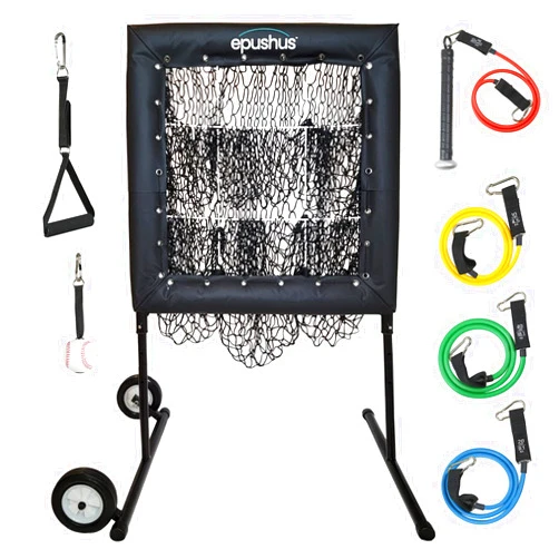 EPUSHUS Pitching Pocket Net for Baseball & Softball - Portable Practice Target for Pitchers with 9 Hole Strike Zone - Adjustable Height Include 4 Resistance Bands with Grip, Bat Handle, Ball Trainer