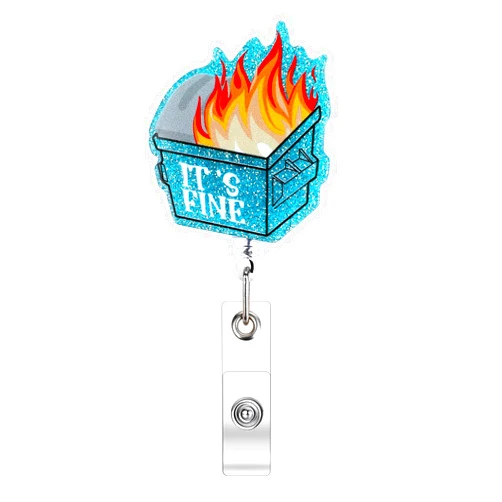 Dimeho Funny Badge Reels Retractable Name Tag Alligator Clip It's Fine Glitter ID Card Holder Fire Swivel Heavy Duty Keychain for Office Work Medical Assistant Doctor Nurse Teacher Student