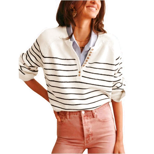 Hongsui Women's Color Block Striped Sweaters Button Up Crewneck Pullover Ribbed Knit Sweater Tops