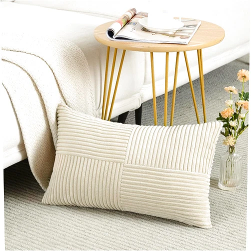 Fancy Homi Tan Lumbar Decorative Throw Pillow Covers 12x20 Inch for Living Room Couch Bed Sofa, Boho Home Decor, Soft Striped Corduroy Rectangle Accent Beige Cushion Case 30x50 cm