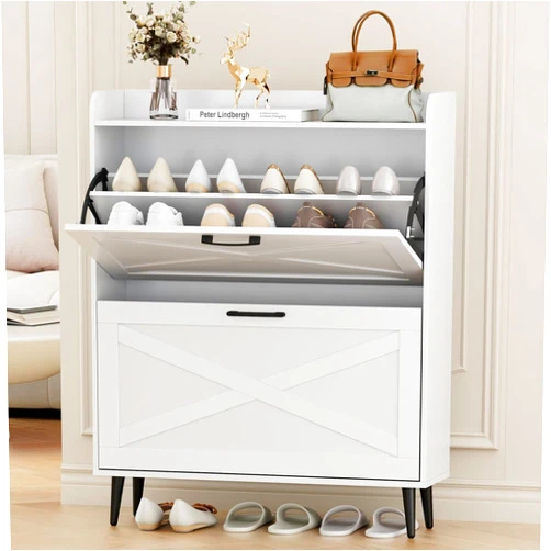 SUETTLA Shoe Storage Cabinet for Entryway with 2 Flip Doors, Hidden Shoe Storage Organizer with Metal Legs for Entryway, Closed Slim Shoe Rack Cabinet, White