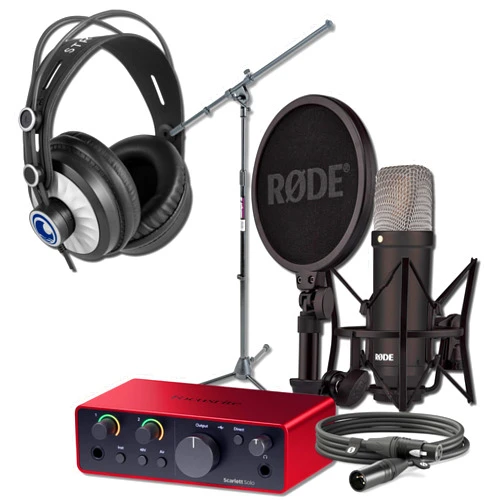 StreamEye Rode NT1 Signature Series Black Recording Bundle with Focusrite Scarlett Solo Interface, StreamEye Cans50 Headphones, and On-Stage MS7701B Floor Stand — 4 dBA Self-Noise, 48V Phantom Power, Air Mode