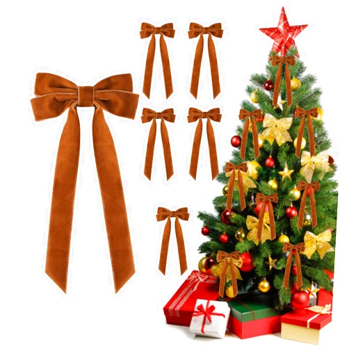 DLTFRSED 12Pcs Velvet Bows for Christmas Tree, 4.7 * 8.6Inch Velvet Christmas Bows, Velvet Ribbon Bows for Christmas Tree Home Garland Decor Indoor Outdoor Decoration (Khaki)