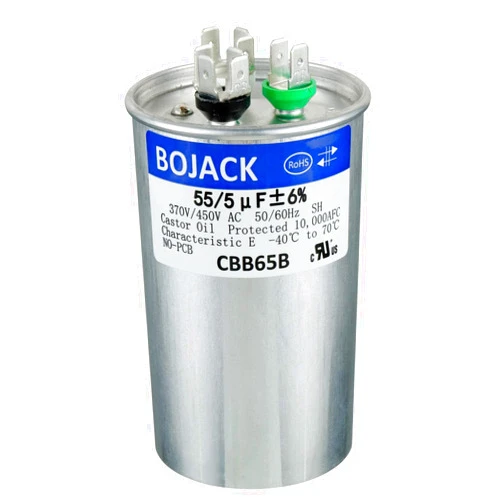 BOJACK 55+5uF 55/5MFD ±6% 370V/440V CBB65 Dual Run Circular Start Capacitor for AC Motor Run or Fan Start or Condenser Straight