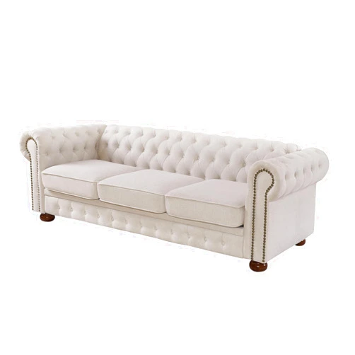 Lestar 88 inches 3 Seater Chesterfield sofa with nails decoration in linen fabric, Comfy Couches for living room (Beige)