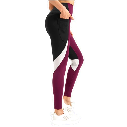 QUEENIEKE Women Yoga Pants Blocking Mesh Workout Running Leggings Tights with Pockets S Dark Rose Red
