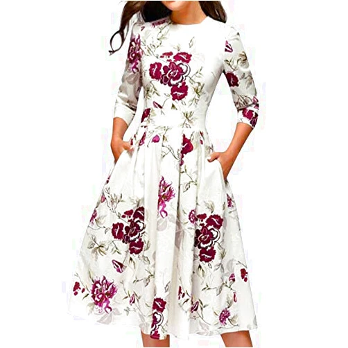 BNisBM 50s 60s Vintage Cocktail Tea Party Dress for Women Floral Spring Rockabilly Dress High Waist A-line Skater Dress