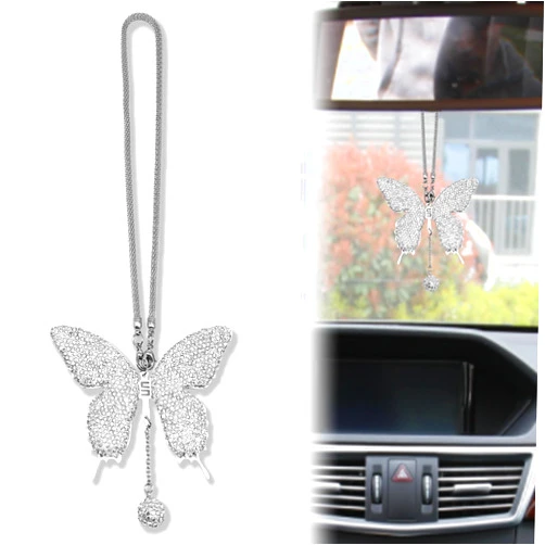 Pleoos Butterfly Car Hanging Ornament, Crystal Butterfly Car Rear View Mirror Charms Good Luck Amulet Ornament Car Decoration Valentine's Day Gifts Lucky Hanging Interior Ornament Pendant (White)