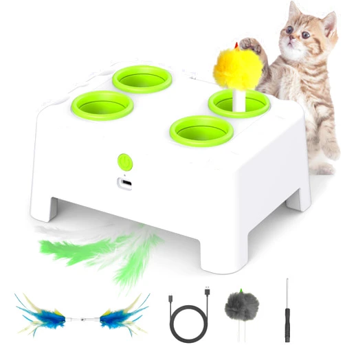 Bolpetizo Interactive Cat Toys, 2-in-1 Automatic Cat Toy, 4 Holes Mice Whack A Mole Cat Mouse Toy with Moving Feather, Portable USB Rechargeable Electronic Kitten Toys White