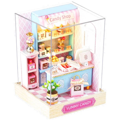 KOOMEKI Miniature Dollhouse DIY Kit with Furniture and LED Lights, Handmade Mini Craft Miniature House with Dust Cover, DIY Dollhouse with English Instructions (Yummy Candy)
