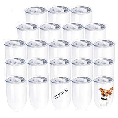 YOUKE OLA 22 Pack Sublimation Wine Tumblers Straight Blanks Stainless Steel Insulated Mug for Full Wrap Heat Transfer with Spill-Proof Sliding Lid for Coffee Cocktails Drinks 12oz