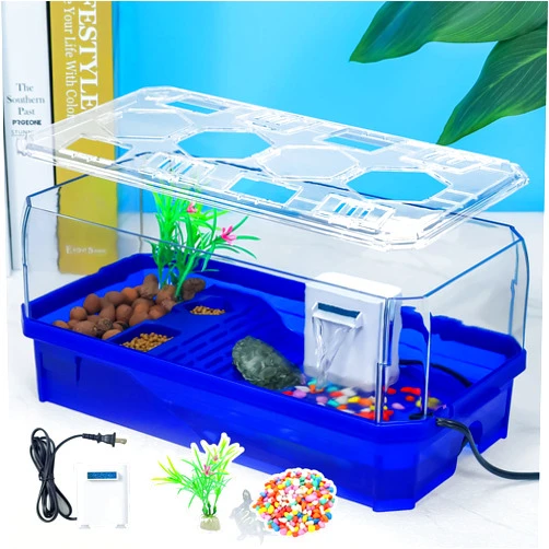 Wedoelsim Turtle cage Tortoise Terrarium with Pump＆Filter with Shower Function Easy to Change Water and Clean Water for Turtle Horned Frog Hermit Crab (Blue, Medium)