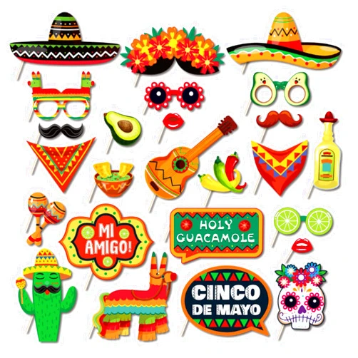 Coppthinktu 25Pcs Mexican Fiesta Photo Booth Props with Stick Cinco De Mayo Photo Booth Props, Summer Mexican Party Decorations Taco Party Decorations Set, Selfie Party Supplies for Summer Hawaii Party Birthday