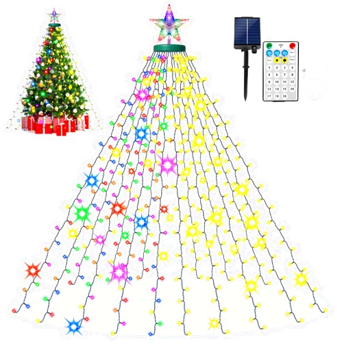 AMIPEPE Solar Christmas Tree Lights with Star Topper, 410 LED 6.6FT x 16 Lines Christmas String Lights with 19 Models Timer Remote, Waterfall Tree Lights USB Powered for Xmas Tree(Warm White & Multi-Colored)