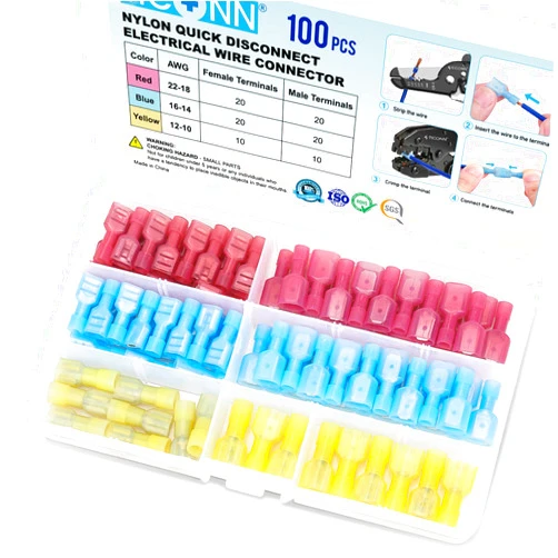 TICONN 100 Pcs Nylon Spade Quick Disconnect Connectors Kit, Electrical Insulated Terminals, Male and Female Spade Wire Crimp Terminal Assortment Kit