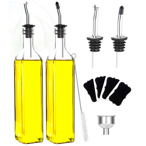 Showvigor Olive Oil Dispenser Bottle, Vinegar Cruet Bottle 17oz/500 ml, Square Tall Glass Oil Container with 2 Stainless Steel Pourers, 4 Labels,1 Brush and 1 Funnel Oil Bottles for Kitchen(2 Set)