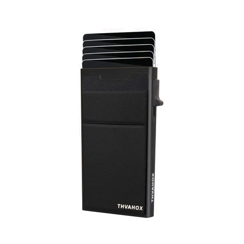 THVAHOX Slim Wallet for Men,Pop Up Card Holder RFID Blocking Minimalist Business Credit Card Wallet Holds Cards Plus Cash Aluminum Black Metal Case