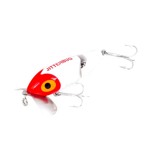 Arbogast Jointed Jitterbug Topwater Bass Fishing Lure, Excellent for Night Fishing, White/Red Head, 2 1/2