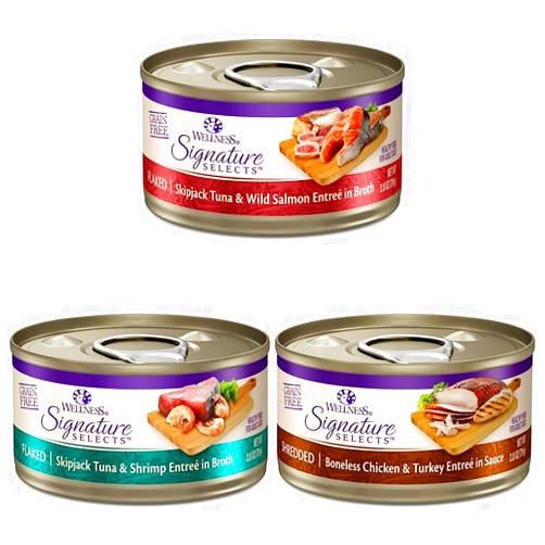 Wellness CORE Grain-Free Signature Selects Wet Cat Food 2.8 Ounce Can, 36 Count Variety Pack: Flaked Skipjack Tuna & Wild Salmon + Flaked Skipjack Tuna & Shrimp + Shredded Chicken & Turkey