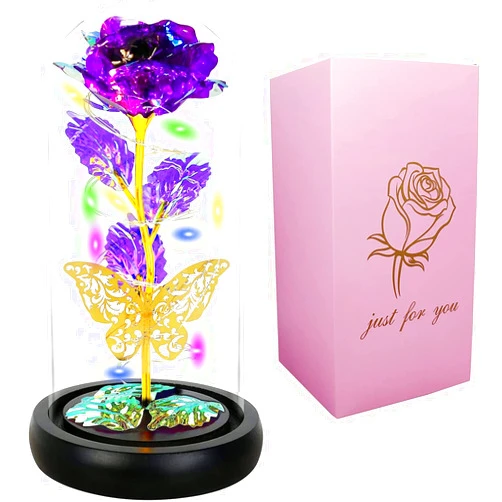 AUSAYE for Mom Her,Women's Gift Butterly Birthday Gifts Colorful Led Purple Preserved Rose Gift Flower,Last Long Rose in Glass Dome, Unique Gift for Her, Mom,Grandma Purple Rose
