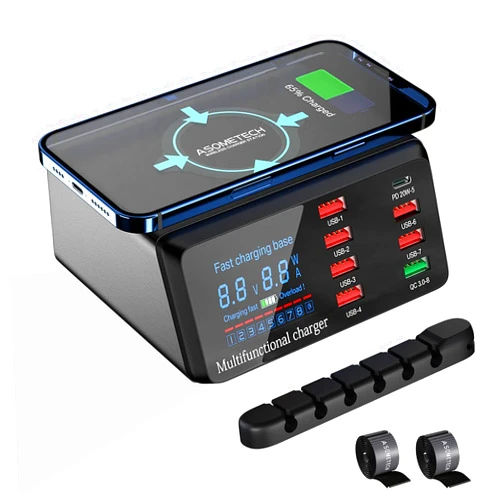 ASOMETECH USB Charger Hub ASOMETECH 100W 8-Port Desktop Multiple USB Charging Station With Type C Port, Quick Charge 3.0 USB Port, Wireless Charger, LCD Display Fast USB C Charger for iPhone 12, Tablet and More