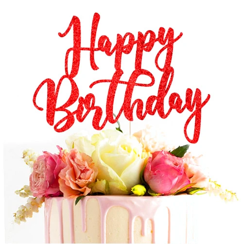 Sleyberoy Happy Birthday Cake Topper-Glitter Happy Birthday Cake Decor， Anniversary/Birthday Party Cake Decor (Red)