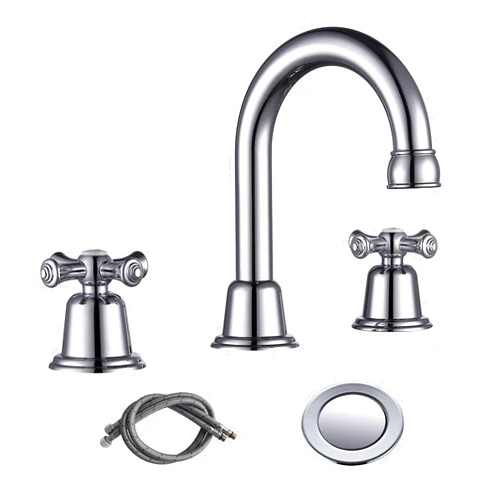 RKF Bathroom Faucets for Sink 3 Hole Chrome Polished 8 inch Widespread Bathroom Sink Faucet with Drain 2 Handles Cross Knobs Faucet Bathroom Vanity Faucet Basin Mixer Tap Faucet CWF039-CP