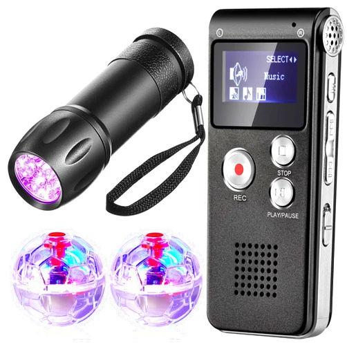 Dunzy 4 Pcs Ghost Hunting Equipment Kit Includes 1 Pocket Digital Voice Recorder 2 LED Light Up Pet Cat Ball 1 Black UV Flashlight, 8 GB (Stylish)(Practical)