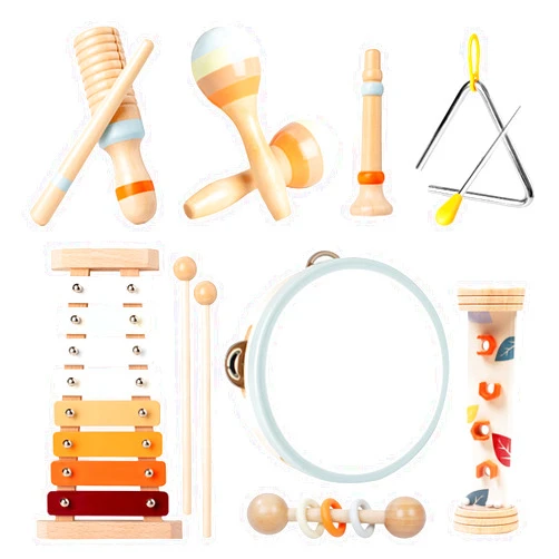 MTTIERY Baby Musical Instruments-Montessori Wooden Toys for Toddlers 18months Neutral Colors Percussion Instruments Set with Modern Boho Xylophone for Kids Preschool Educational (8PCS)