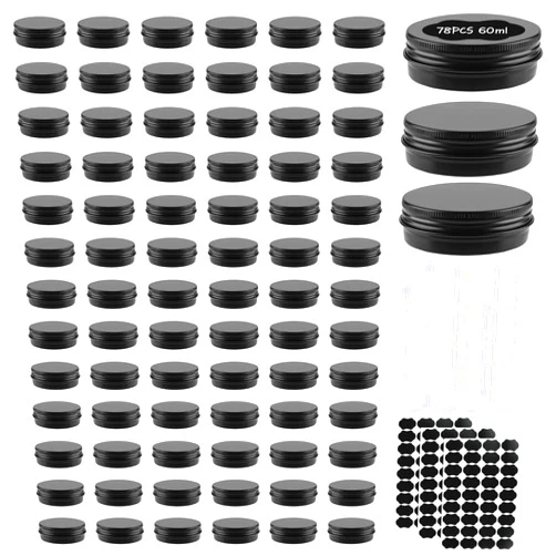 OBKJJ 78 Pcs 2 Oz Aluminum Tin Cans Round Cans with Screw Lids, Refillable Cosmetic Metal Containers Food Candle Containers with Screw Tops for Crafts, Food Storage, DIY