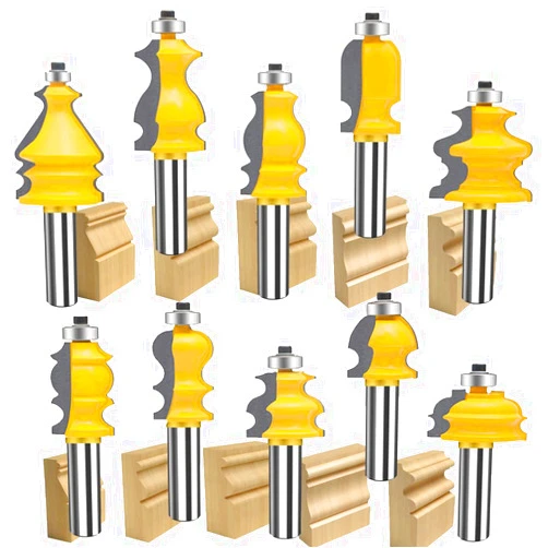 TAIWAIN-BRAND TAIWAIN 1/2 Inch Shank Router Bit 10PCS Picture Frame Molding Woodworking Tool, Architectural Forming Milling Cutter Bits, Door Cabine Drawer Wood Miter Carbide CNC Cutting Tool(ROUND2)