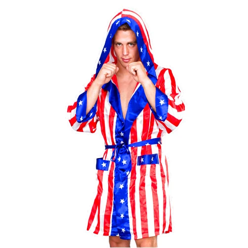 Costume Agent Adult Satin American Flag Halloween Boxing Costume Robe Boxer Cosplay with Hood