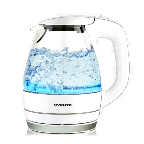 Ovente Portable Electric Glass Kettle 1.5 Liter with Blue LED Light and Stainless Steel Base, Fast Heating Countertop Tea Maker Hot Water Boiler with Auto Shut-Off & Boil Dry Protection, White KG83W 1.5 Liter White